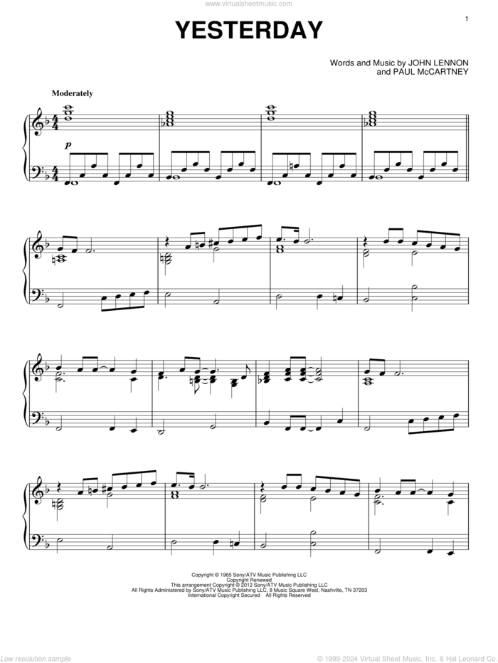 Yesterday sheet music for piano solo by The Beatles, John Lennon and Paul McCartney, intermediate skill level