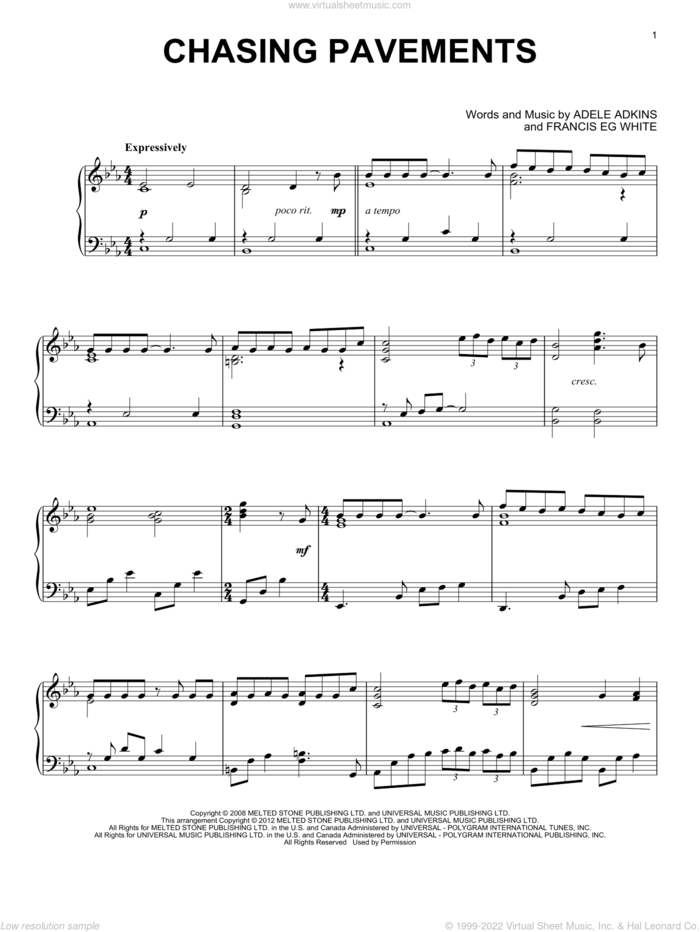 Chasing Pavements, (intermediate) sheet music for piano solo by Adele and Adele Adkins, intermediate skill level