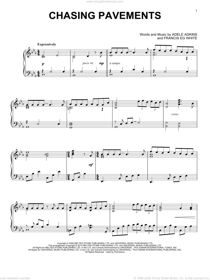 Chasing Pavements, (intermediate) sheet music for piano solo by Adele and Adele Adkins, intermediate skill level