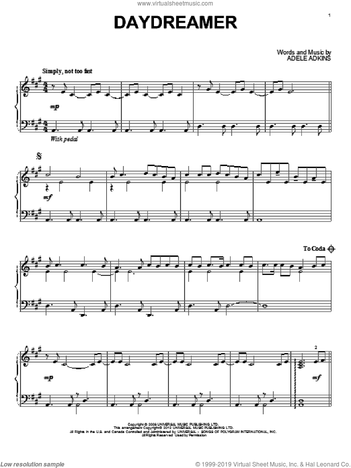 Daydreamer sheet music for piano solo by Adele and Adele Adkins, intermediate skill level