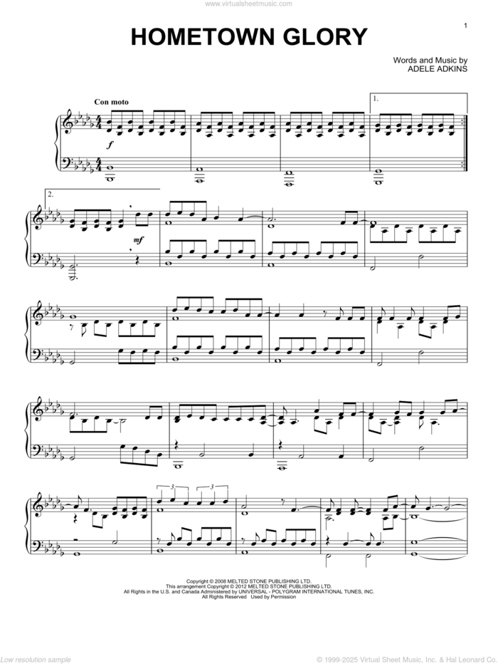 Hometown Glory sheet music for piano solo by Adele and Adele Adkins, intermediate skill level