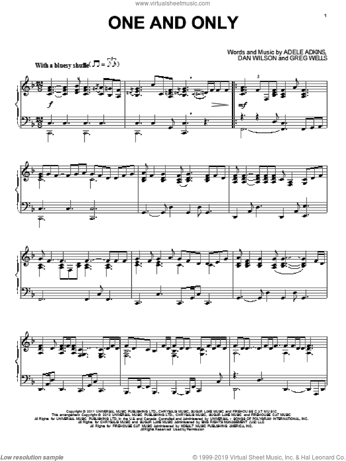 One And Only sheet music for piano solo by Adele and Adele Adkins, intermediate skill level