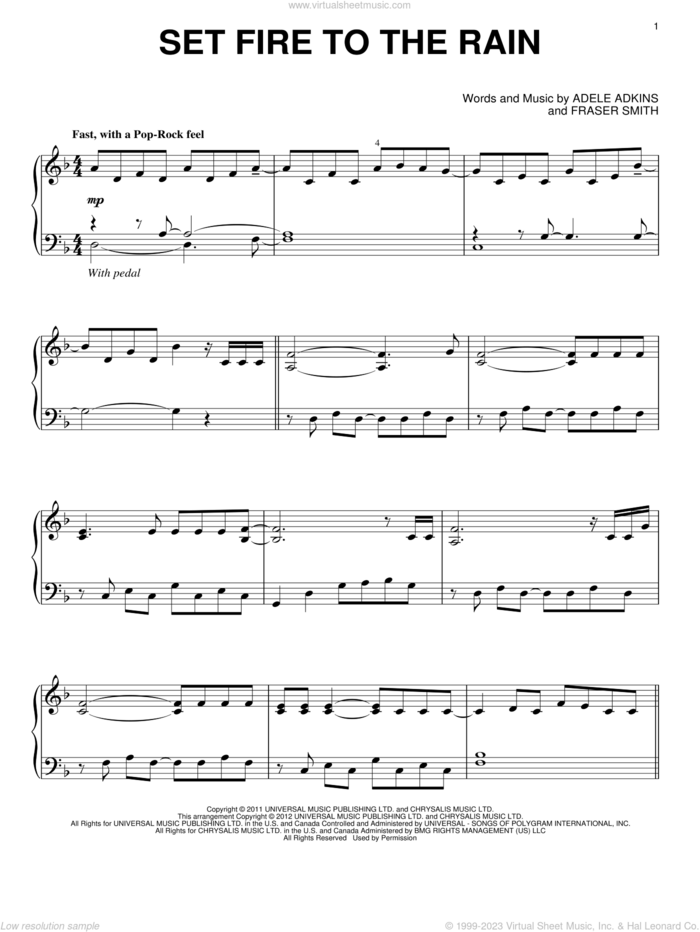 Set Fire To The Rain, (intermediate) sheet music for piano solo by Adele and Adele Adkins, intermediate skill level