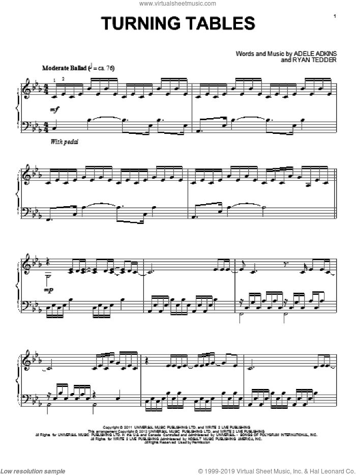 Turning Tables, (intermediate) sheet music for piano solo by Adele and Adele Adkins, intermediate skill level