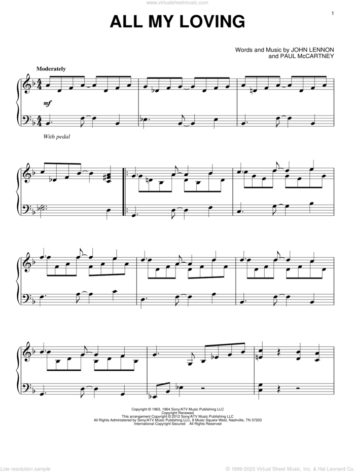 All My Loving, (intermediate) sheet music for piano solo by The Beatles, John Lennon and Paul McCartney, intermediate skill level