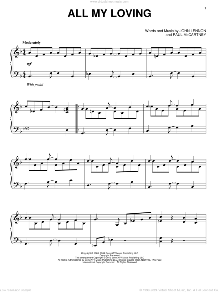 All My Loving, (intermediate) sheet music for piano solo by The Beatles, John Lennon and Paul McCartney, intermediate skill level