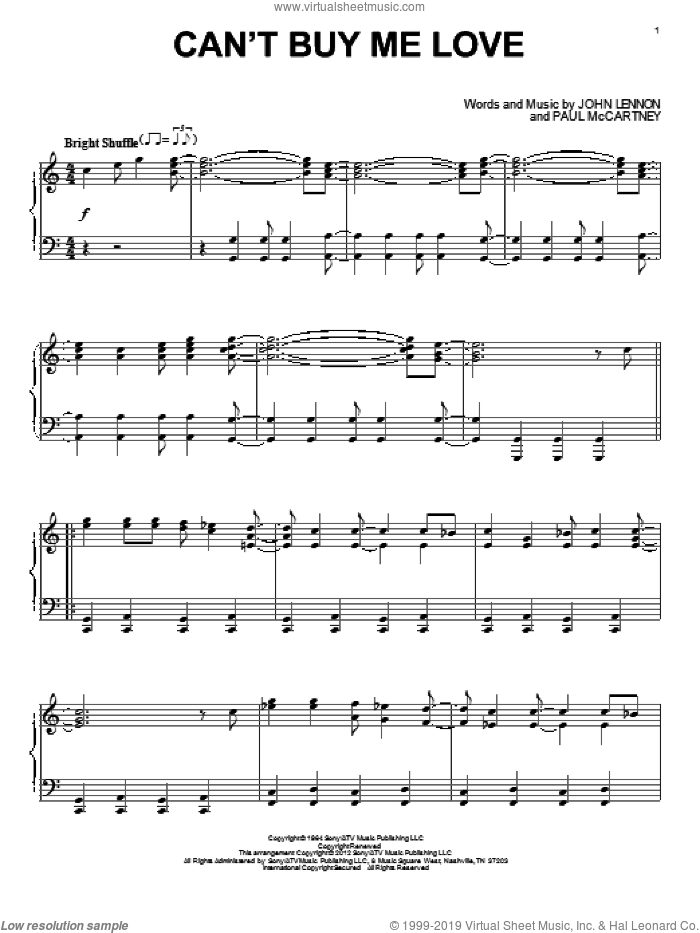Can't Buy Me Love sheet music for piano solo by The Beatles, John Lennon and Paul McCartney, intermediate skill level
