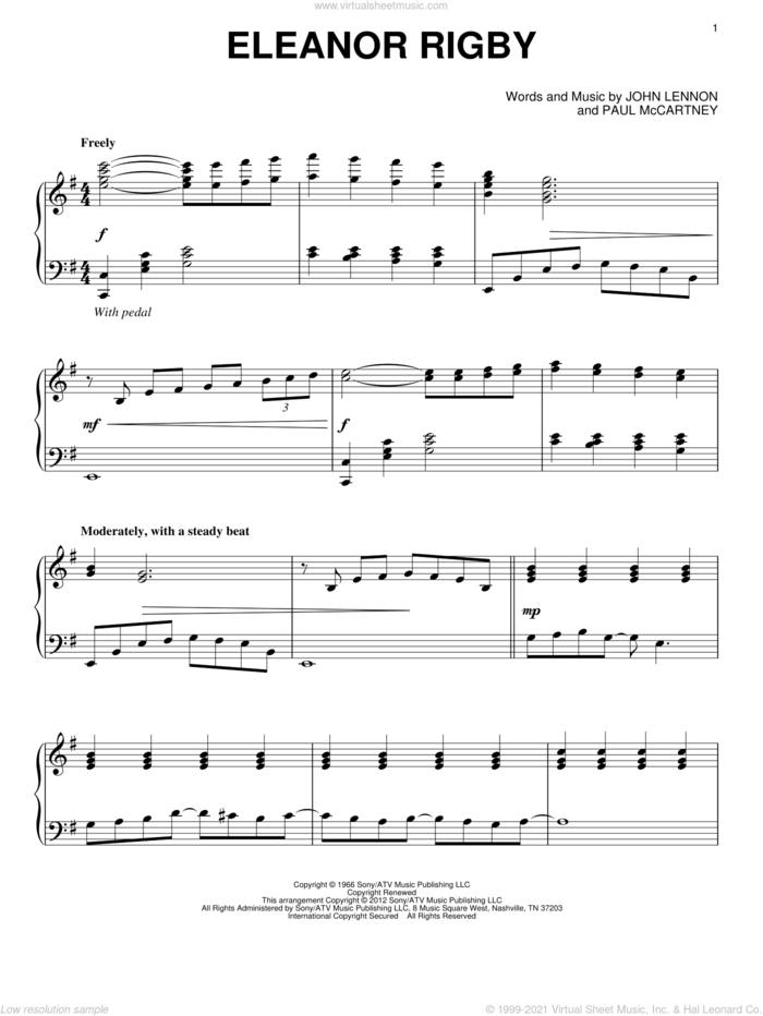 Eleanor Rigby, (intermediate) sheet music for piano solo by The Beatles, John Lennon and Paul McCartney, intermediate skill level