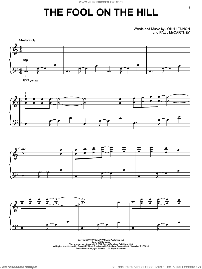 The Fool On The Hill sheet music for piano solo by The Beatles, John Lennon and Paul McCartney, intermediate skill level