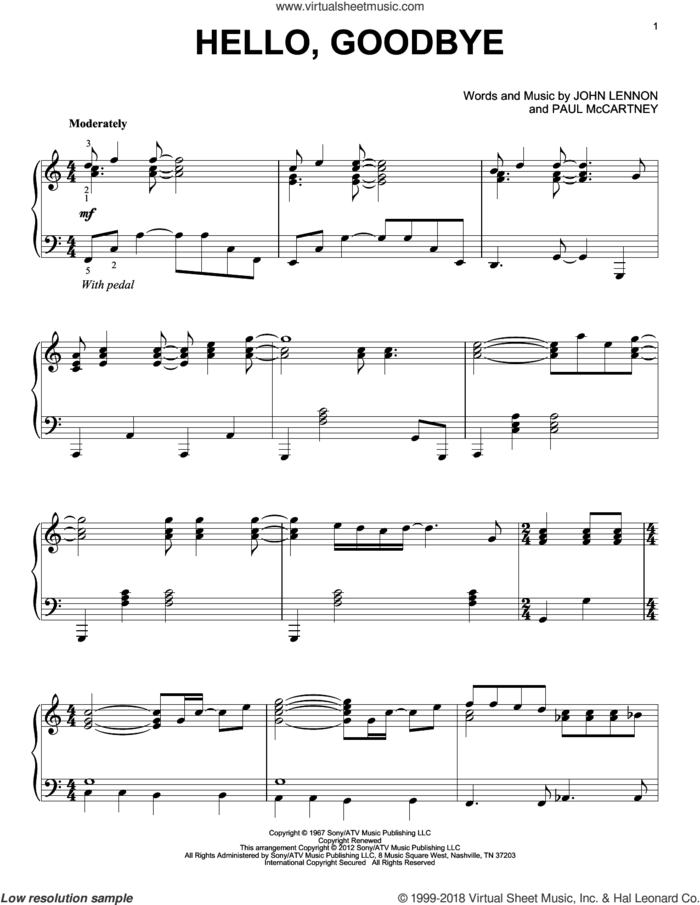 Hello, Goodbye, (intermediate) sheet music for piano solo by The Beatles, John Lennon and Paul McCartney, intermediate skill level