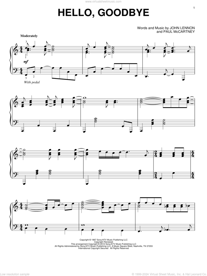 Hello, Goodbye, (intermediate) sheet music for piano solo by The Beatles, John Lennon and Paul McCartney, intermediate skill level