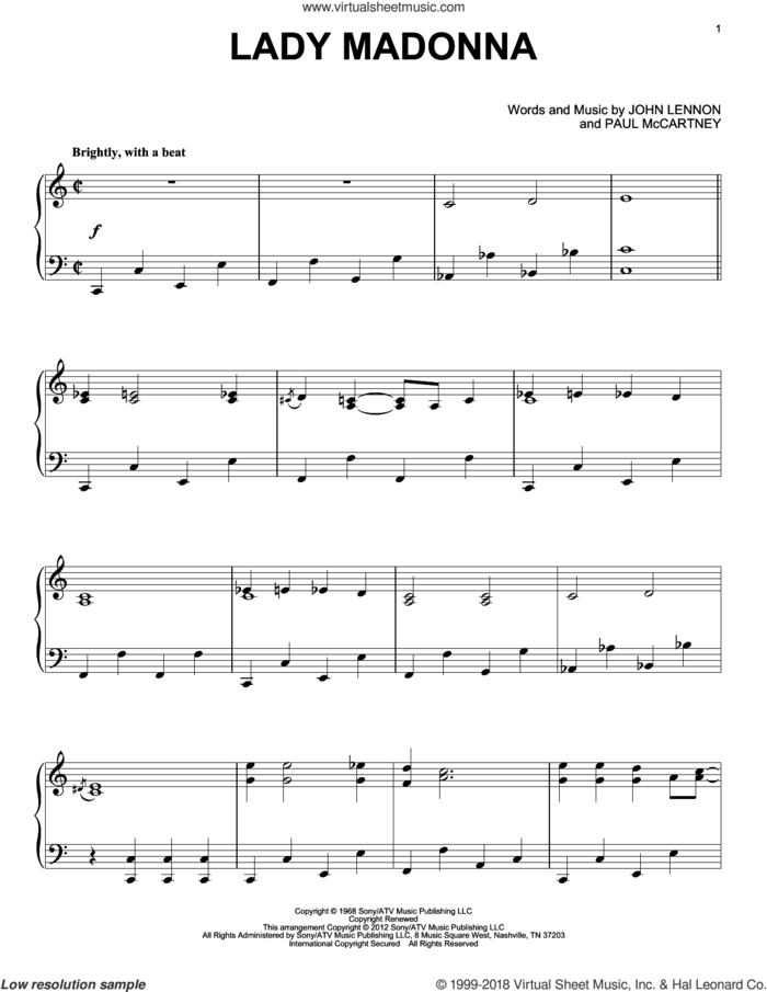 Lady Madonna, (intermediate) sheet music for piano solo by The Beatles, John Lennon and Paul McCartney, intermediate skill level