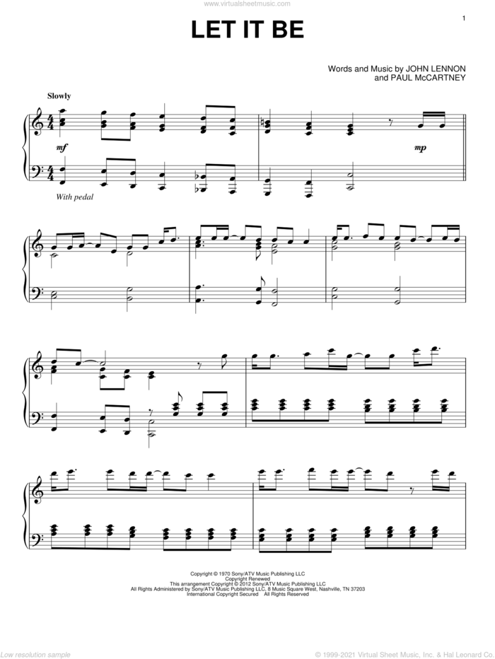 Let It Be, (intermediate) sheet music for piano solo by The Beatles, John Lennon and Paul McCartney, intermediate skill level