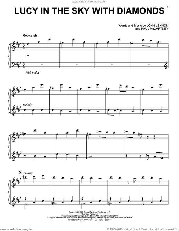 Lucy In The Sky With Diamonds, (intermediate) sheet music for piano solo by The Beatles, John Lennon and Paul McCartney, intermediate skill level