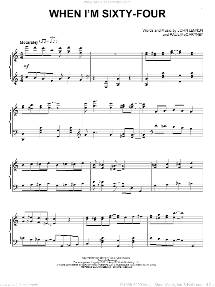 When I'm Sixty-Four sheet music for piano solo by The Beatles, John Lennon and Paul McCartney, intermediate skill level