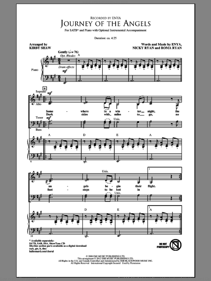 Journey Of The Angels sheet music for choir (SATB: soprano, alto, tenor, bass) by Kirby Shaw and Enya, intermediate skill level