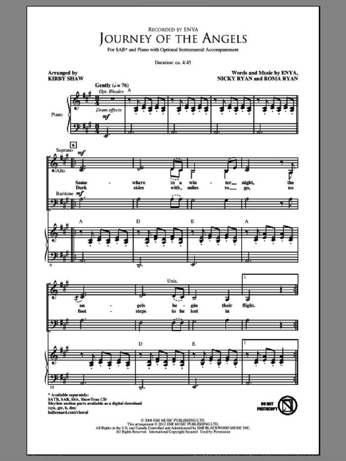 Journey Of The Angels sheet music for choir (SAB: soprano, alto, bass) by Kirby Shaw and Enya, intermediate skill level