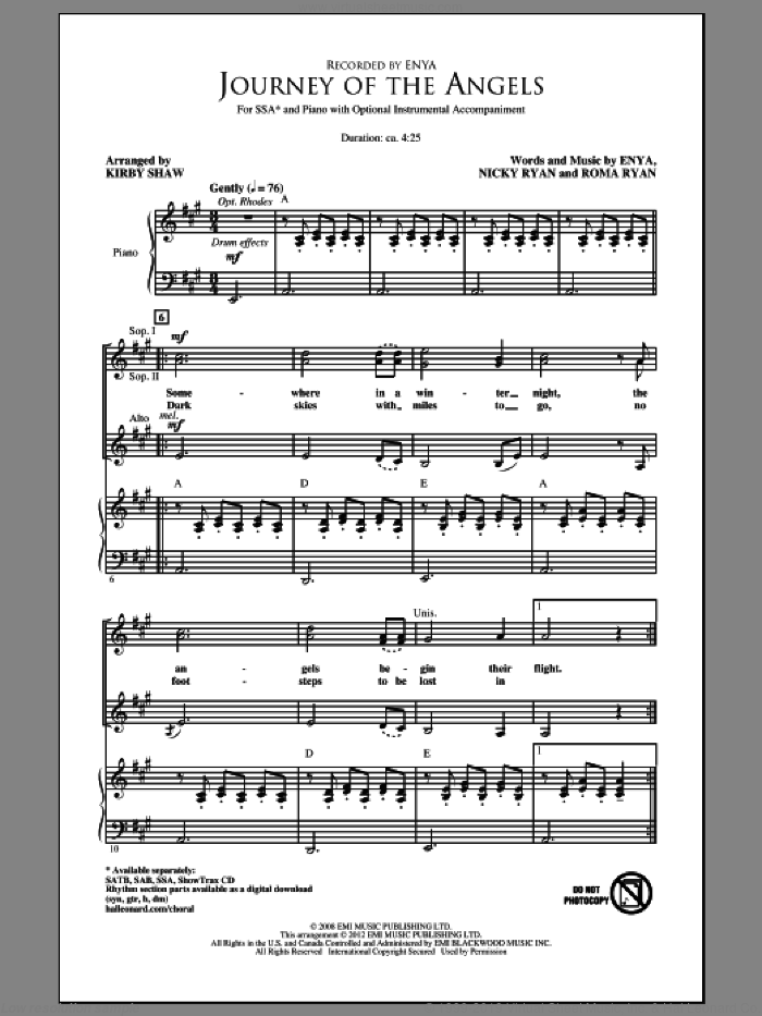 Journey Of The Angels sheet music for choir (SSA: soprano, alto) by Kirby Shaw and Enya, intermediate skill level