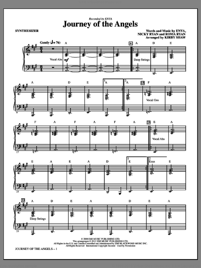 Journey Of The Angels sheet music for orchestra/band (synthesizer) by Kirby Shaw and Enya, intermediate skill level