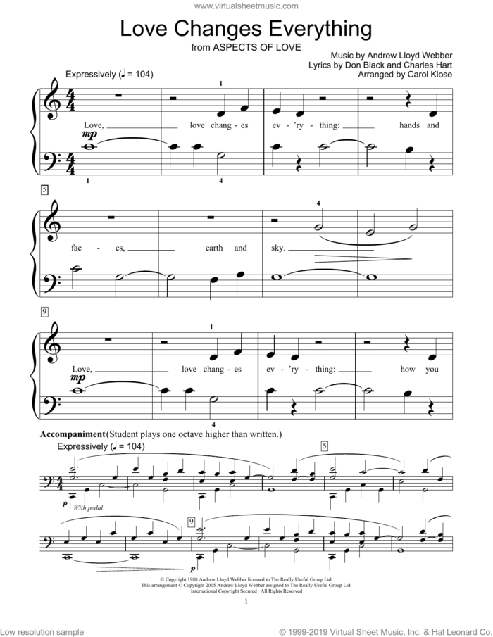 Love Changes Everything (from Aspects Of Love) (arr. Carol Klose) sheet music for piano solo (elementary) by Andrew Lloyd Webber, Carol Klose, Aspects Of Love (Musical), Miscellaneous, Charles Hart and Don Black, beginner piano (elementary)