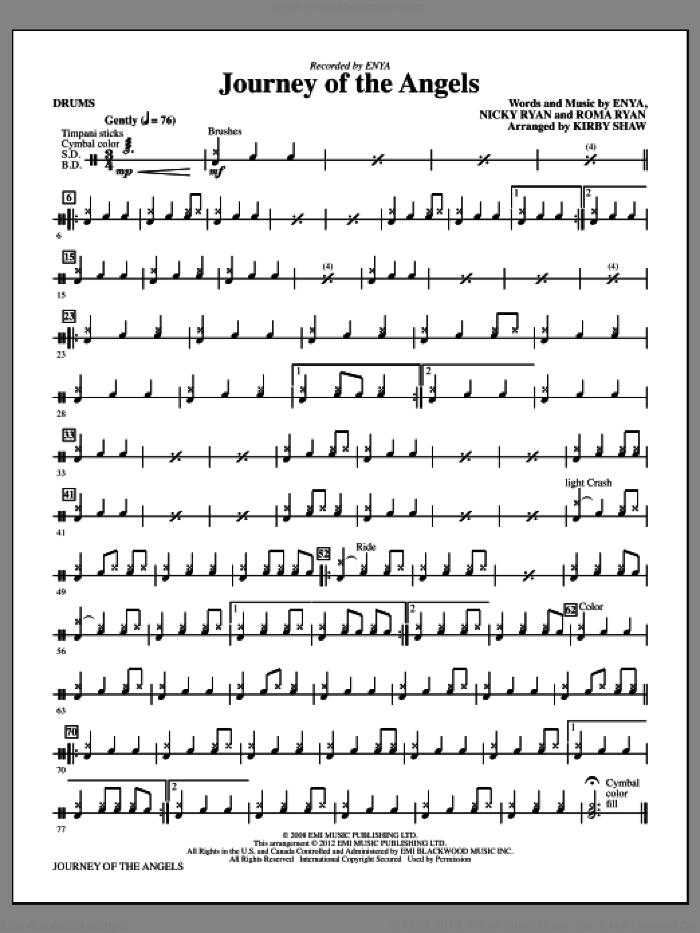 Journey Of The Angels sheet music for orchestra/band (drums) by Kirby Shaw and Enya, intermediate skill level