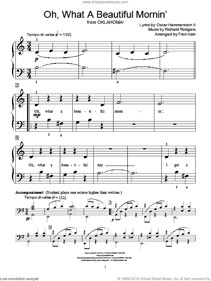 Oh, What A Beautiful Mornin' (from Oklahoma!) sheet music for piano solo (elementary) by Rodgers & Hammerstein, Fred Kern, Miscellaneous, Oklahoma! (Musical), Oscar II Hammerstein and Richard Rodgers, beginner piano (elementary)