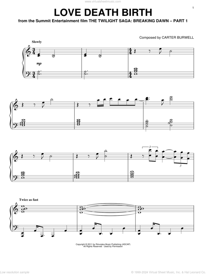 Love Death Birth sheet music for piano solo by Carter Burwell and Twilight: Breaking Dawn (Movie), intermediate skill level