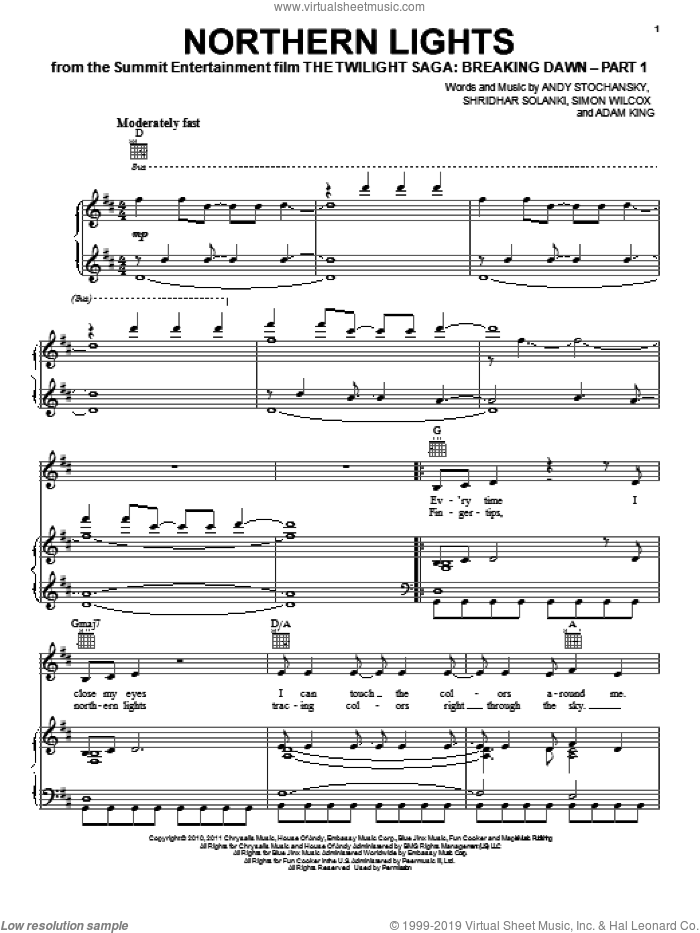 Northern Lights sheet music for voice, piano or guitar by Twilight: Breaking Dawn (Movie) and Cider Sky, intermediate skill level