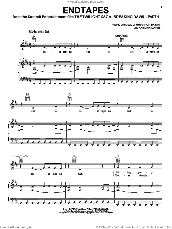 Endtapes sheet music for voice, piano or guitar by The Joy Formidable and Twilight: Breaking Dawn (Movie), intermediate skill level