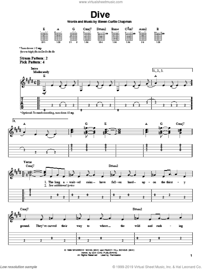 Dive sheet music for guitar solo (easy tablature) by Steven Curtis Chapman, easy guitar (easy tablature)