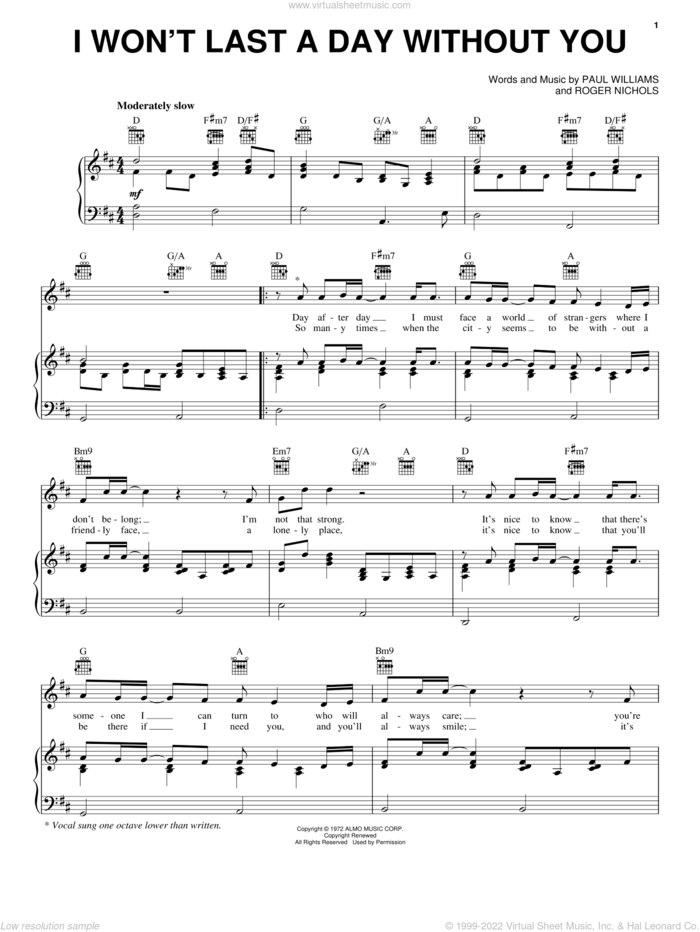 I Won't Last A Day Without You sheet music for voice, piano or guitar by Carpenters, Paul Williams and Roger Nichols, wedding score, intermediate skill level