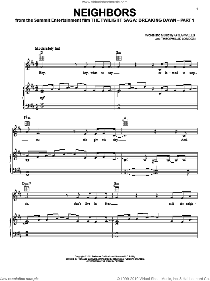 Neighbors sheet music for voice, piano or guitar by Theophilus London, Greg Wells and Twilight: Breaking Dawn (Movie), intermediate skill level