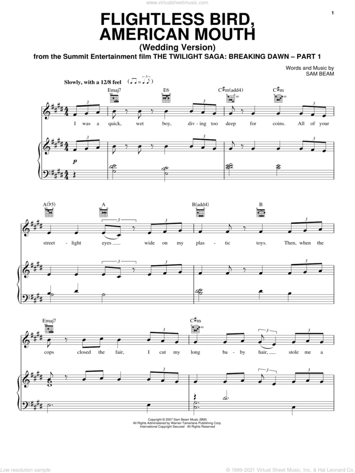 Flightless Bird, American Mouth (Wedding Version) sheet music for voice, piano or guitar by Iron & Wine and Twilight: Breaking Dawn (Movie), intermediate skill level
