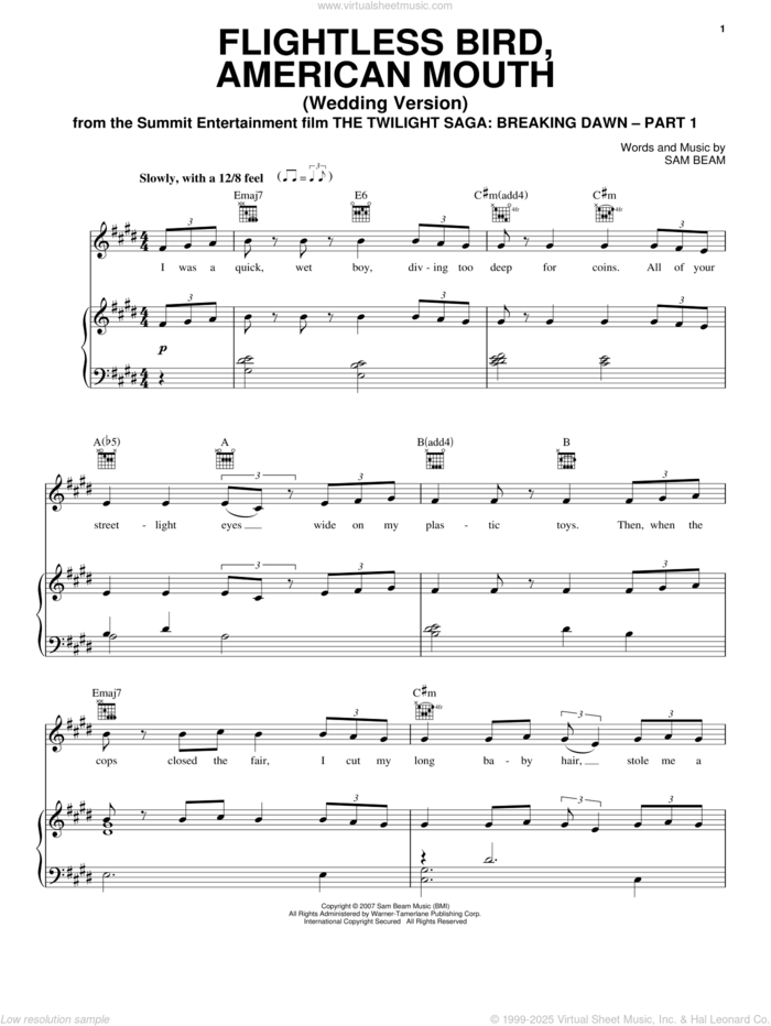 Flightless Bird, American Mouth (Wedding Version) sheet music for voice, piano or guitar by Iron & Wine and Twilight: Breaking Dawn (Movie), intermediate skill level