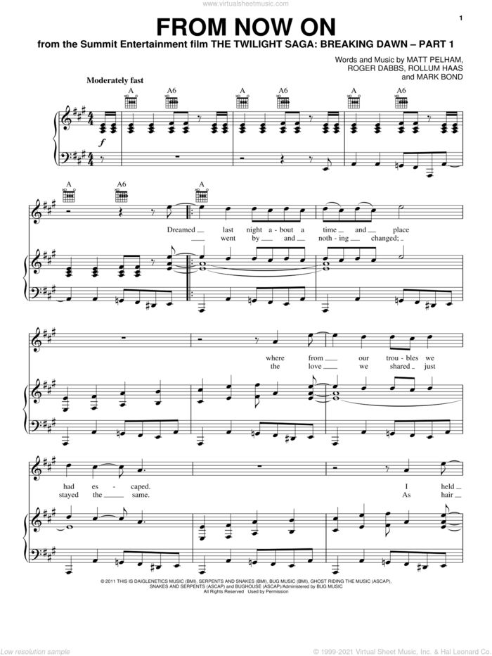 From Now On sheet music for voice, piano or guitar by The Features and Twilight: Breaking Dawn (Movie), intermediate skill level