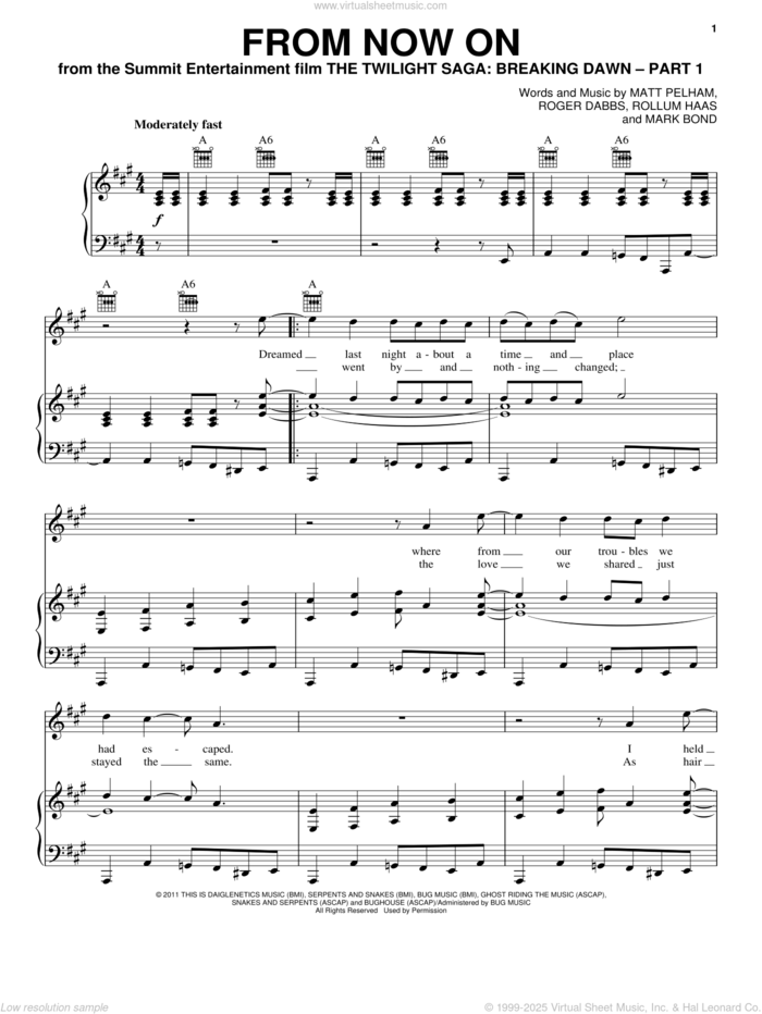 From Now On sheet music for voice, piano or guitar by The Features and Twilight: Breaking Dawn (Movie), intermediate skill level