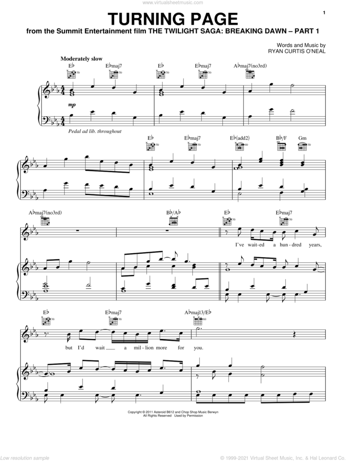 Turning Page sheet music for voice, piano or guitar by Sleeping At Last and Twilight: Breaking Dawn (Movie), intermediate skill level