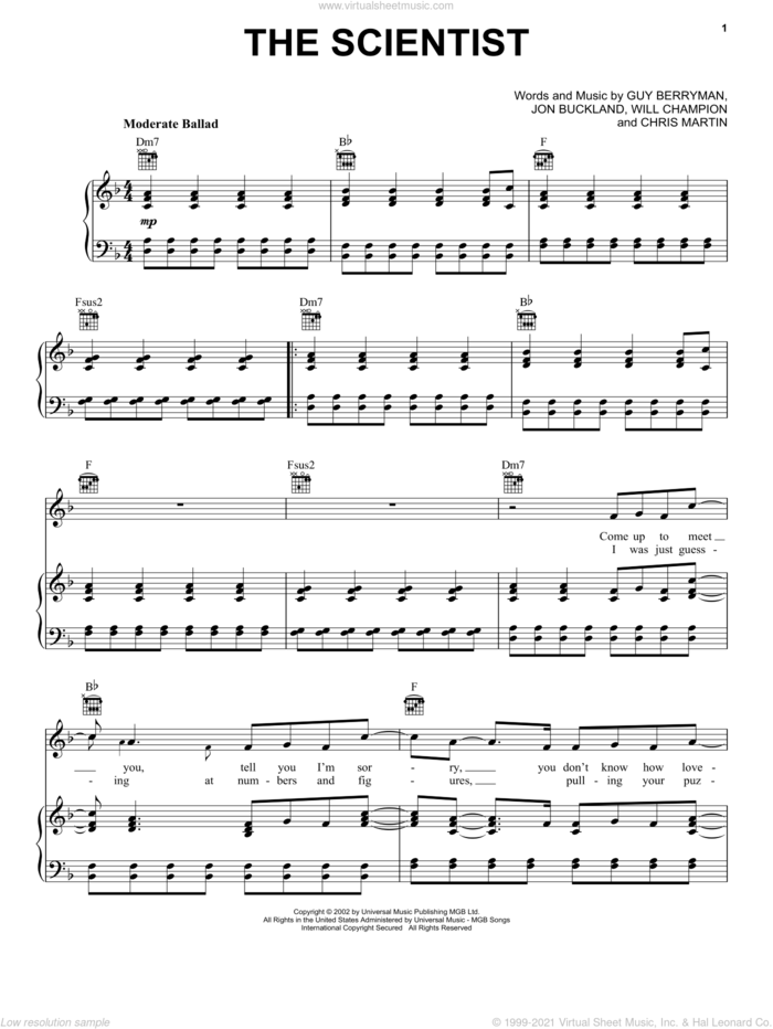 The Scientist sheet music for voice, piano or guitar by Coldplay, Chris Martin, Guy Berryman, Jon Buckland and Will Champion, intermediate skill level