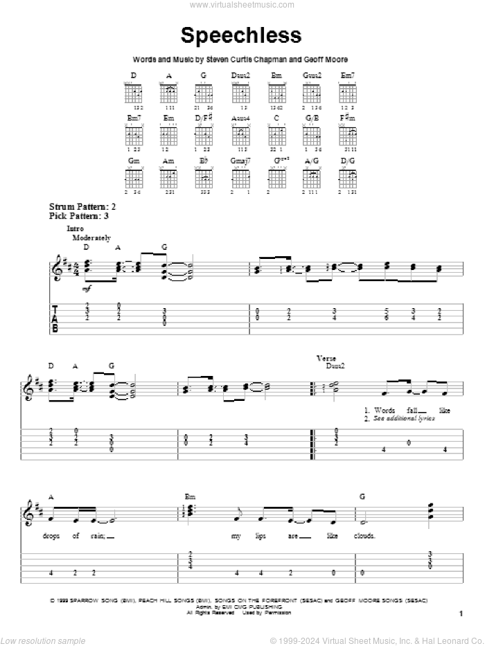 Speechless sheet music for guitar solo (easy tablature) by Steven Curtis Chapman and Geoff Moore, easy guitar (easy tablature)