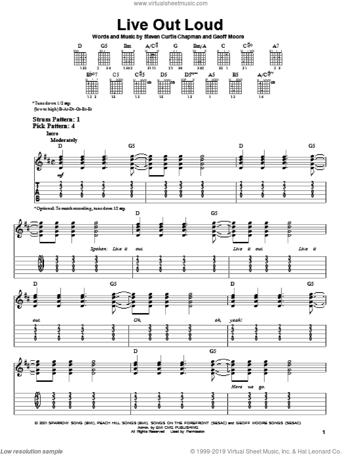 Live Out Loud sheet music for guitar solo (easy tablature) by Steven Curtis Chapman and Geoff Moore, easy guitar (easy tablature)
