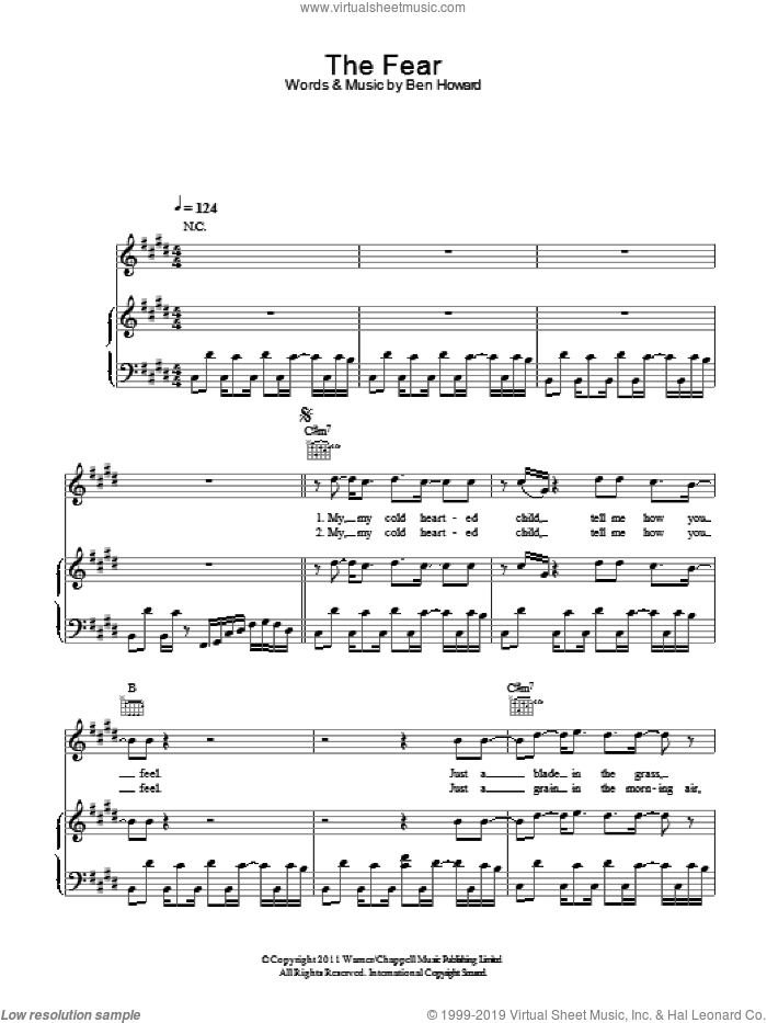 The Fear sheet music for voice, piano or guitar by Ben Howard, intermediate skill level
