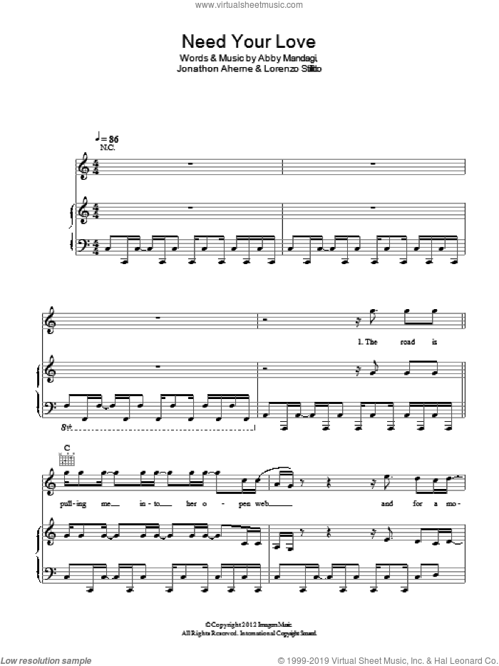 Need Your Love sheet music for voice, piano or guitar by The Temper Trap, Abby Mandagi, Jonathon Aherne and Lorenzo Stillitto, intermediate skill level