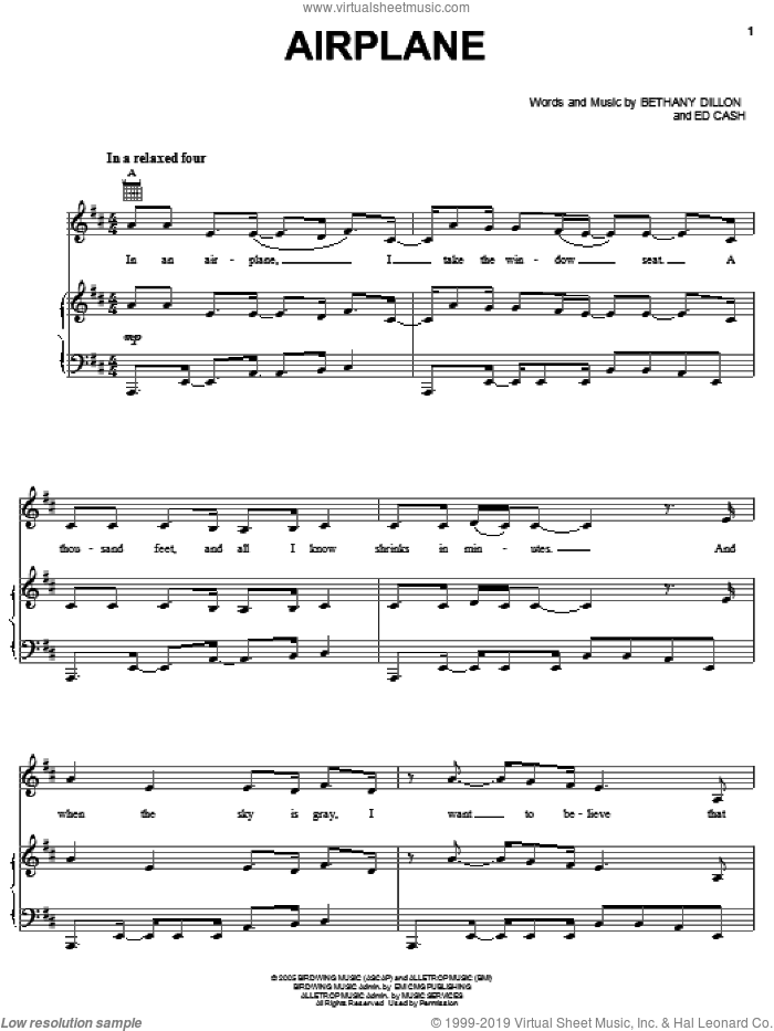 Airplane sheet music for voice, piano or guitar by Bethany Dillon and Ed Cash, intermediate skill level