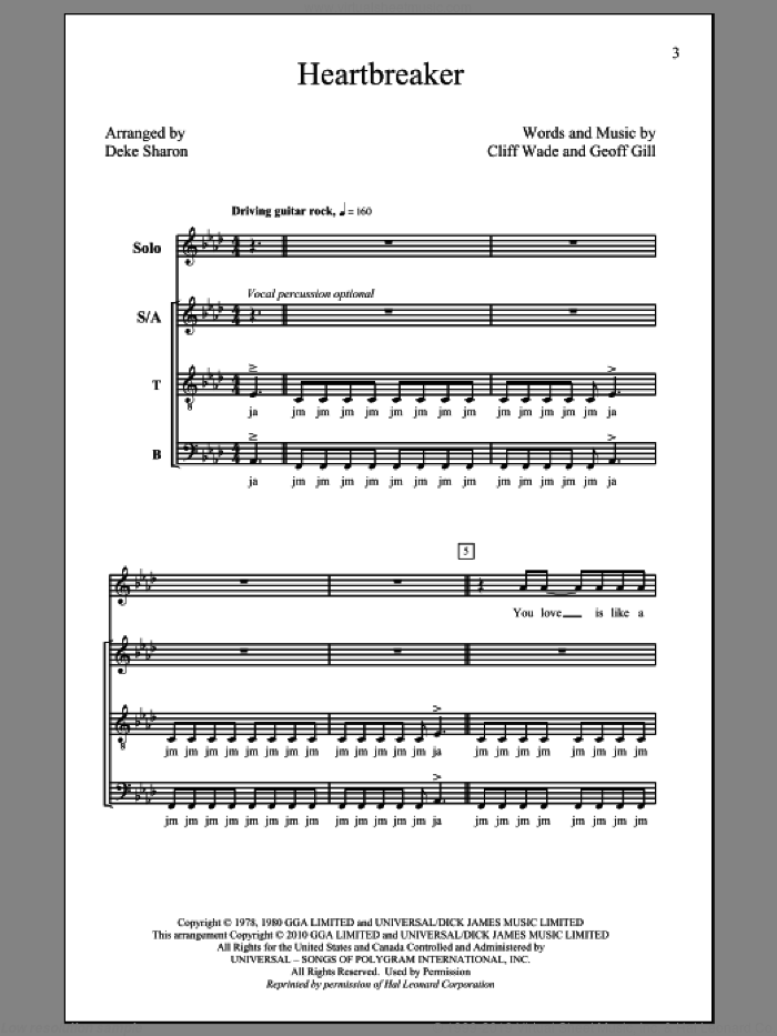 Heartbreaker sheet music for choir (SATB: soprano, alto, tenor, bass) by Deke Sharon and Pat Benatar, intermediate skill level