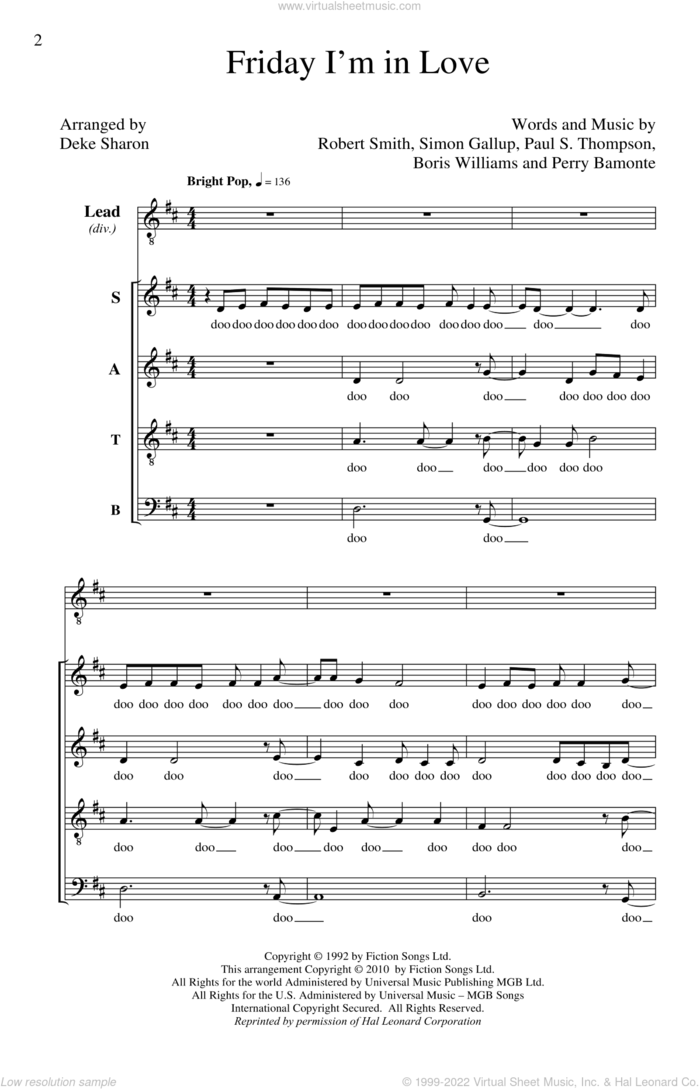 Friday I'm In Love sheet music for choir (SATB: soprano, alto, tenor, bass) by Deke Sharon and The Cure, intermediate skill level