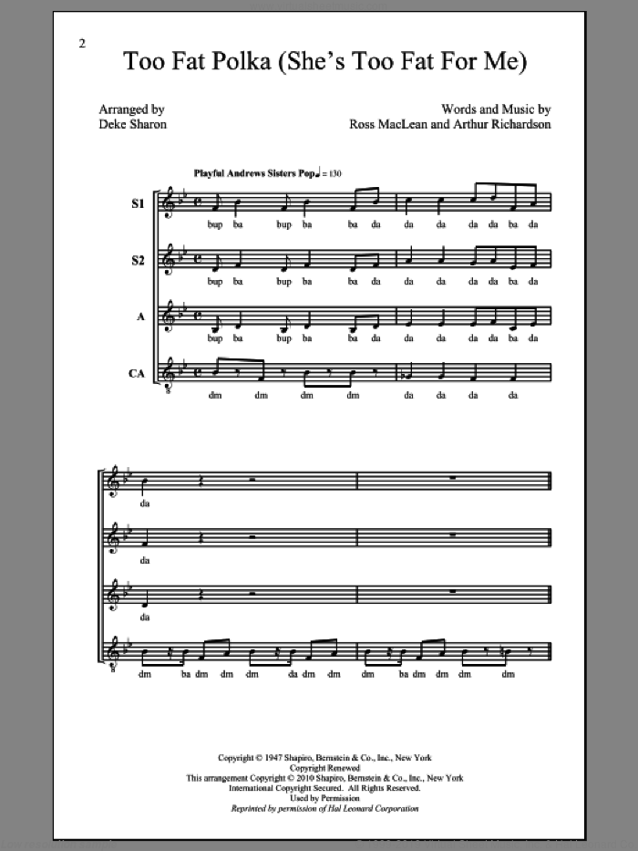 Too Fat Polka (She's Too Fat For Me) sheet music for choir (SSA: soprano, alto) by Deke Sharon, Arthur Richardson and Ross MacLean, intermediate skill level
