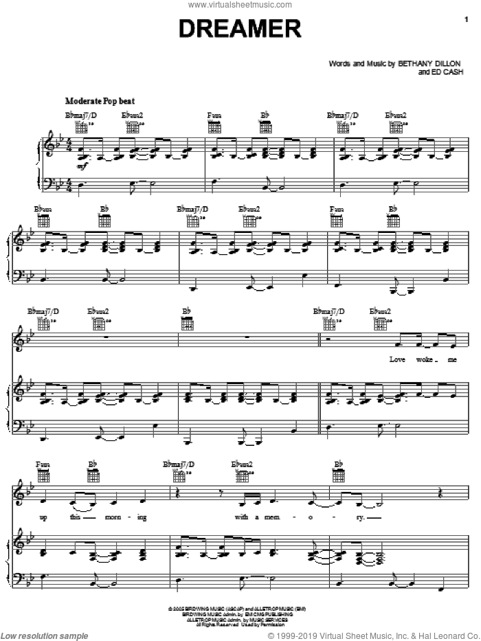 Dreamer sheet music for voice, piano or guitar by Bethany Dillon and Ed Cash, intermediate skill level