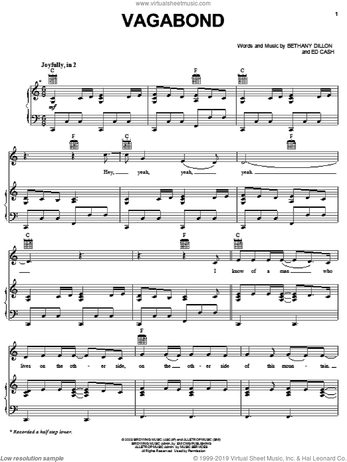 Vagabond sheet music for voice, piano or guitar by Bethany Dillon and Ed Cash, intermediate skill level