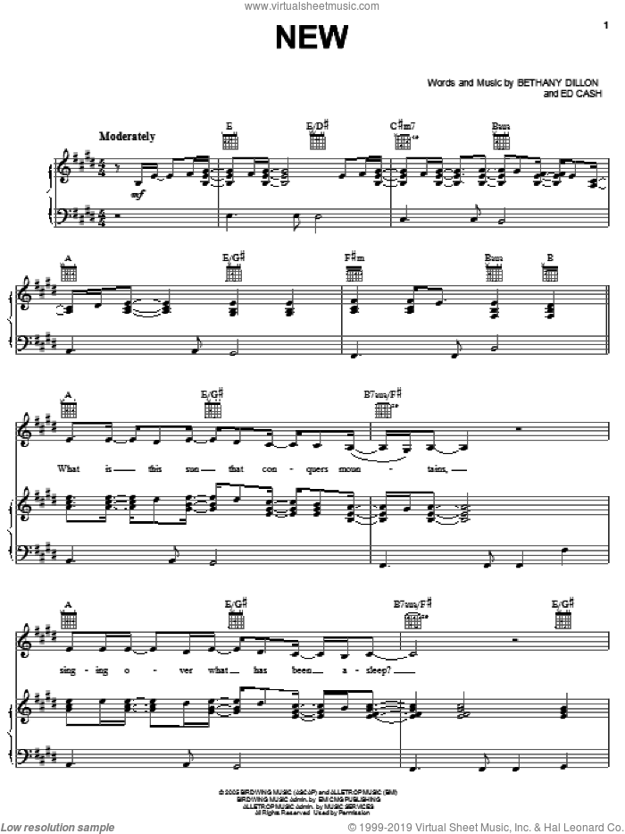 New sheet music for voice, piano or guitar by Bethany Dillon and Ed Cash, intermediate skill level