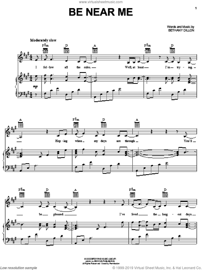 Be Near Me sheet music for voice, piano or guitar by Bethany Dillon, intermediate skill level